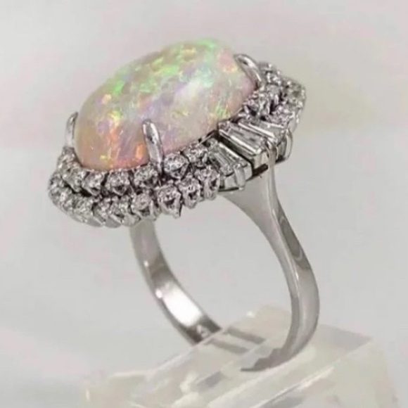 14K White Gold Ring Opal 5CT Halo Diamond Oval Baguette Wedding Engagement - Picture 4 of 11